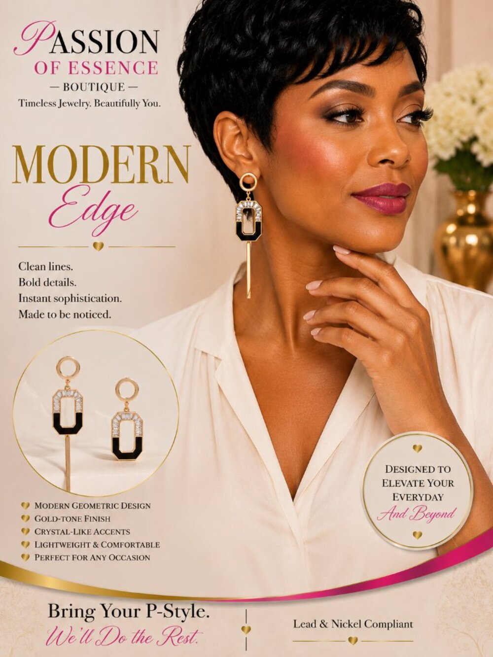 Gilded Edge Black & Crystal Geometric Drop Earrings